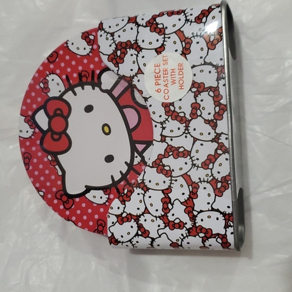 Hello‎ Kitty red white hello kitty monogrammed logo 6pc tin coaster set & holder